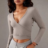 Lightweight cross-border sun protection top, breathable yoga T-shirt, lace-up cover-up top with built-in bra, yoga outfit set