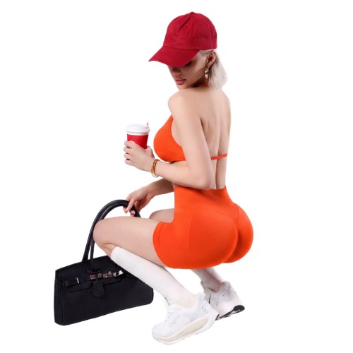 Women's sports yoga set with halter neck sports bra, waist-cinching, tummy control, peach butt fitness shorts