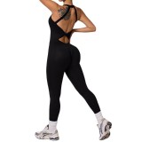 European and American style one-piece yoga outfit for women, with twisted back design, black one-piece yoga outfit, tummy control, peach butt fitness jumpsuit