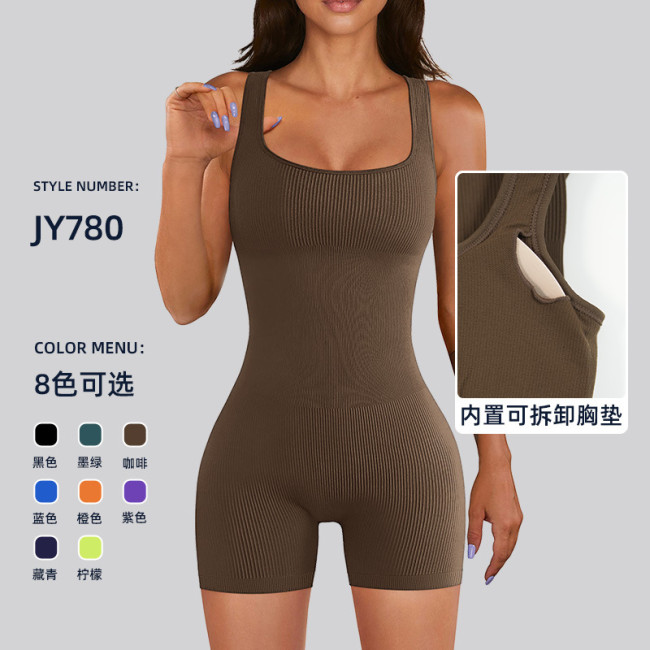 European and American cross-border OQQ short-sleeved bodysuit with removable chest pads, ribbed tight-fitting fitness wear