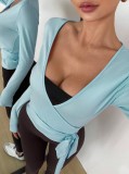 Lightweight cross-border sun protection top, breathable yoga T-shirt, lace-up cover-up top with built-in bra, yoga outfit set