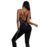 Popular cross-strap backless one-piece yoga outfit for women, color-blocking sports peach-butt fitness jumpsuit