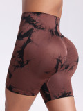 Xueyuanhu seamless tie-dye high-waisted tummy control yoga shorts for women, European and American fitness sports peach butt three-quarter shorts