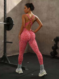 Trendy European and American leopard print backless one-piece yoga outfit for women, sexy backless tight-fitting fashionable sportswear for fitness