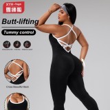 Plus-size European and American style color-blocked one-piece yoga jumpsuit for women with cross straps, beautiful back, waist-cinching, butt-lifting, fitness long jumpsuit