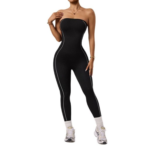 Cross-border one-shoulder strapless anti-slip sports jumpsuit for women with back V-waist, slim fit, tummy control, and butt-lifting features