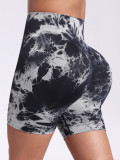 Xueyuanhu seamless tie-dye high-waisted tummy control yoga shorts for women, European and American fitness sports peach butt three-quarter shorts