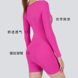 New autumn and winter square-neck long-sleeve one-piece fitness shorts for women, butt-lifting and shaping, indoor sports tight-fitting yoga jumpsuit