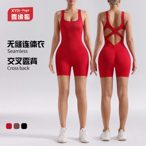 Spring Summer Seamless Yoga Jumpsuit Women Cross Back Outdoor Running Fitness Sports Butt-Lifting Yoga Shorts