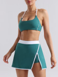 Nude-feel color-blocking sexy yoga set for women, tennis skirt, backless tight sports bra, fitness camisole underwear