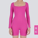 New autumn and winter square-neck long-sleeve one-piece fitness shorts for women, butt-lifting and shaping, indoor sports tight-fitting yoga jumpsuit