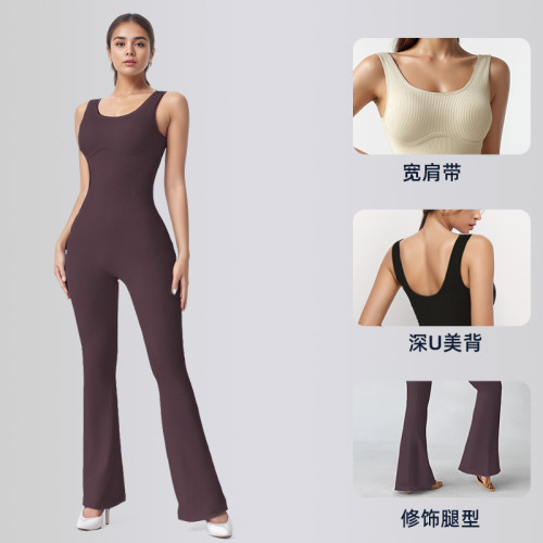 European and American cross-border TKU tank top jumpsuit with bell-bottom pants, wide shoulder straps, sexy backless ribbed yoga outfit