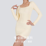 Cross-border autumn and winter new square-neck long-sleeve one-piece fitness short dress for women, peach butt-lifting tight-fitting sports one-piece short dress for women