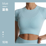 Cross-border ribbed yoga wear for women, summer tight-fitting quick-dry sports top, women's running fitness short-sleeve set wholesale