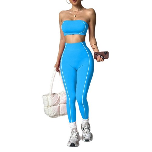 Cross-border TK popular yoga outfit for women, color-blocked bustier top, peach butt slim-fit long pants, fitness sportswear