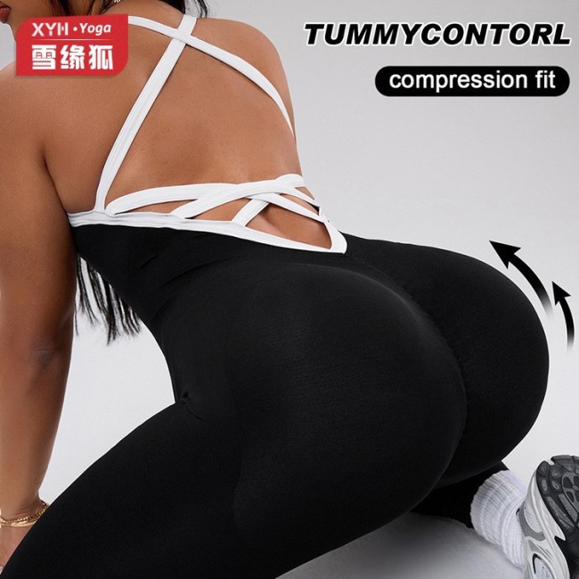 Plus-size European and American style color-blocked one-piece yoga jumpsuit for women with cross straps, beautiful back, waist-cinching, butt-lifting, fitness long jumpsuit