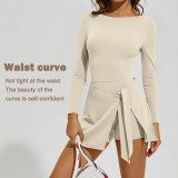 Cross-border sun protection long-sleeve tennis sports suit for women, anti-exposure two-piece long badminton outfit with tennis skirt
