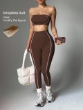 Cross-border TK popular yoga outfit for women, color-blocked bustier top, peach butt slim-fit long pants, fitness sportswear