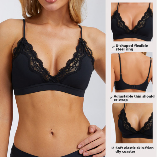European and American cross-border sexy lace bra with no underwire, push-up effect, side breast support, triangle soft cup, breathable and nude-feel bra