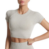 Cross-border ribbed yoga wear for women, summer tight-fitting quick-dry sports top, women's running fitness short-sleeve set wholesale