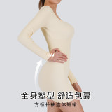 Cross-border autumn and winter new square-neck long-sleeve one-piece fitness short dress for women, peach butt-lifting tight-fitting sports one-piece short dress for women