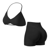 yoga sportswear set for women, camisole with beautiful back design, sports bra and shorts, outdoor fitness outfit set
