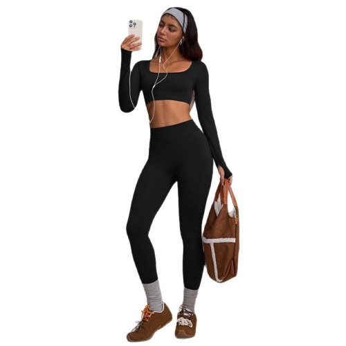 European and American style yoga outfit for women, long-sleeved with thumb holes, square-neck ultra-short fitness top, high-waisted tummy control peach butt pants