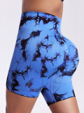 Xueyuanhu seamless tie-dye high-waisted tummy control yoga shorts for women, European and American fitness sports peach butt three-quarter shorts