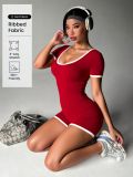 New European and American cross-border outdoor sports sexy slim-fit square-neck color-block short-sleeve ribbed yoga jumpsuit
