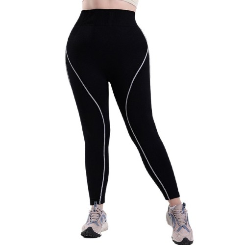 Popular color-blocked high-waisted ribbed plus-size yoga pants for women, suitable for running and fitness, with peach butt shaping and slim fit