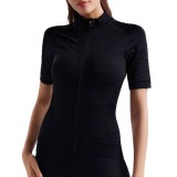 Summer fitness sports yoga cycling short-sleeve women's zip-up stand-up collar breathable quick-dry compression tight-fitting T-shirt with pockets