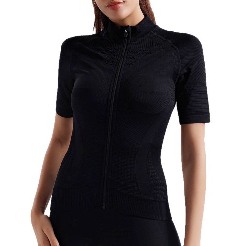 Summer fitness sports yoga cycling short-sleeve women's zip-up stand-up collar breathable quick-dry compression tight-fitting T-shirt with pockets