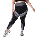 Plus-size breathable high-waisted color-block yoga pants for women, tight-fitting, butt-lifting, seamless, long striped sports leggings