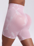 Xueyuanhu seamless tie-dye high-waisted tummy control yoga shorts for women, European and American fitness sports peach butt three-quarter shorts