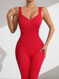 V-neck backless ribbed jumpsuit for women with fixed double shoulder straps, seamless body-shaping sports jumpsuit, butt-lifting yoga wear