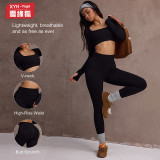 European and American style yoga outfit for women, long-sleeved with thumb holes, square-neck ultra-short fitness top, high-waisted tummy control peach butt pants