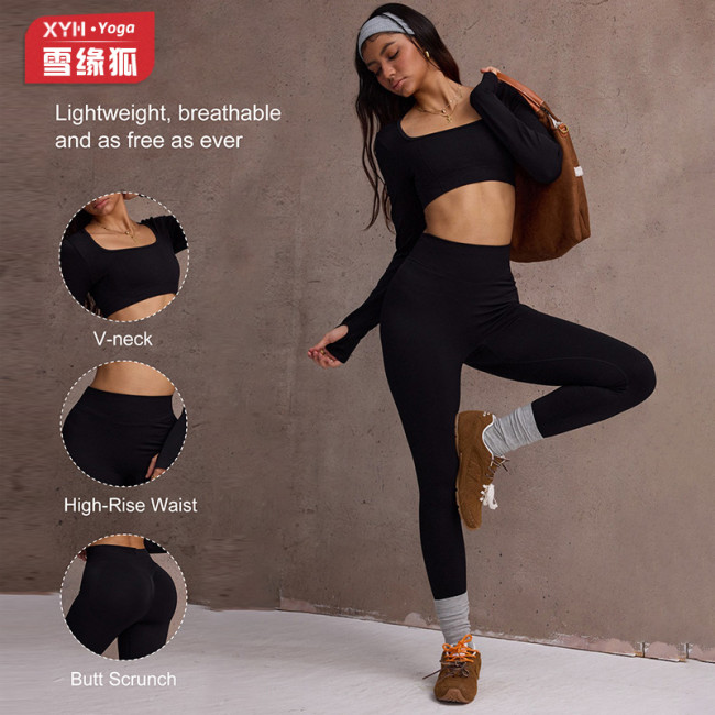 European and American style yoga outfit for women, long-sleeved with thumb holes, square-neck ultra-short fitness top, high-waisted tummy control peach butt pants