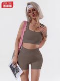 Seamless sports yoga shorts set for women, ribbed fitness outfit, outdoor sports tank top, peach butt shorts