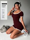 New European and American cross-border outdoor sports sexy slim-fit square-neck color-block short-sleeve ribbed yoga jumpsuit
