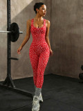 Trendy European and American leopard print backless one-piece yoga outfit for women, sexy backless tight-fitting fashionable sportswear for fitness