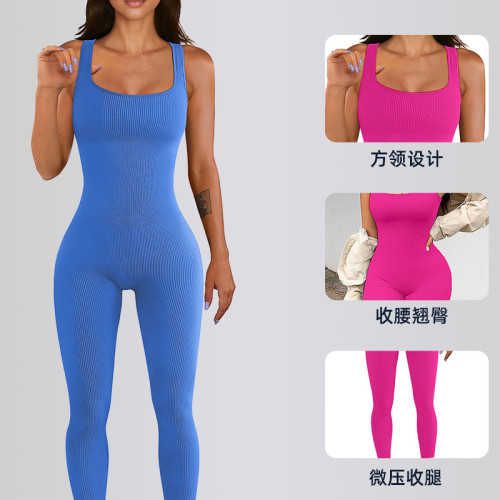 Single-layer, no chest pads, European and American cross-border one-piece bodysuit with wide shoulder straps, ribbed tight-fitting long pants, yoga fitness wear