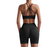 Seamless Beauty-Back Sports Bra and Shorts Set for Women, European and American Style, Cross-Border Shoulder-Strap Beauty-Back Yoga Outfit, Two-Piece Set with Three-Quarter Pants