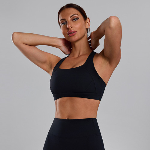 Cross-border European and American style nude-feel high-impact sports bra for women with chest pads for fitness, running, and yoga with cross-back design
