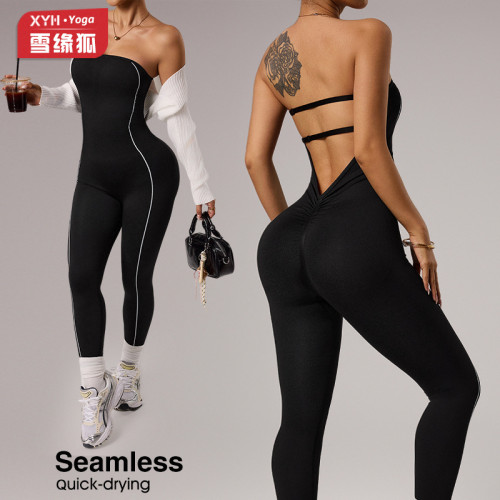 Cross-border one-shoulder strapless anti-slip sports jumpsuit for women with back V-waist, slim fit, tummy control, and butt-lifting features