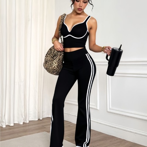 New cross-border best-selling black and white contrast bra, flared long pants, quick-dry pants, fashionable and suitable for daily outings and yoga wear