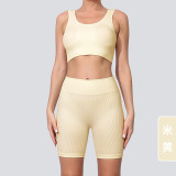 Cross-border seamless high-waisted yoga outfit for women, solid color knitted high-elastic ribbed butt-lifting sports running fitness short set