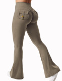 Cross-border workwear pocket yoga pants for women, flared pants, butt-lifting sports tight fitness pants, micro-flared yoga pants