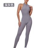 European-style long-sleeved bodysuit with beautiful back and small stand-up collar, zip-up cardigan, nude-feel sports outdoor yoga fitness wear for women