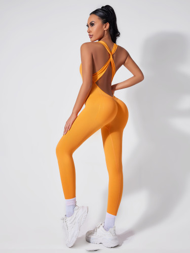 Cross-back yoga jumpsuit for women, tight-fitting V-neck, butt-lifting, quick-dry fitness wear, running sports jumpsuit