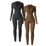 European and American autumn and winter one-piece sports yoga jumpsuit for women with zipper, stand-up collar, long sleeves, thumb holes, butt-lifting and tummy-control features